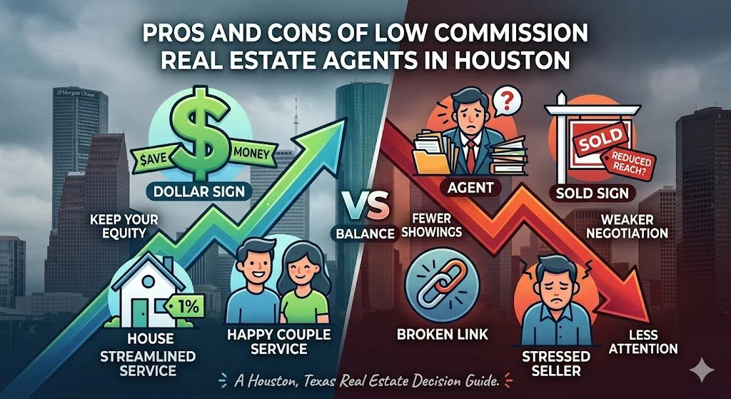 Infographic comparing the savings of low commission real estate agents against the service risks for Houston sellers.