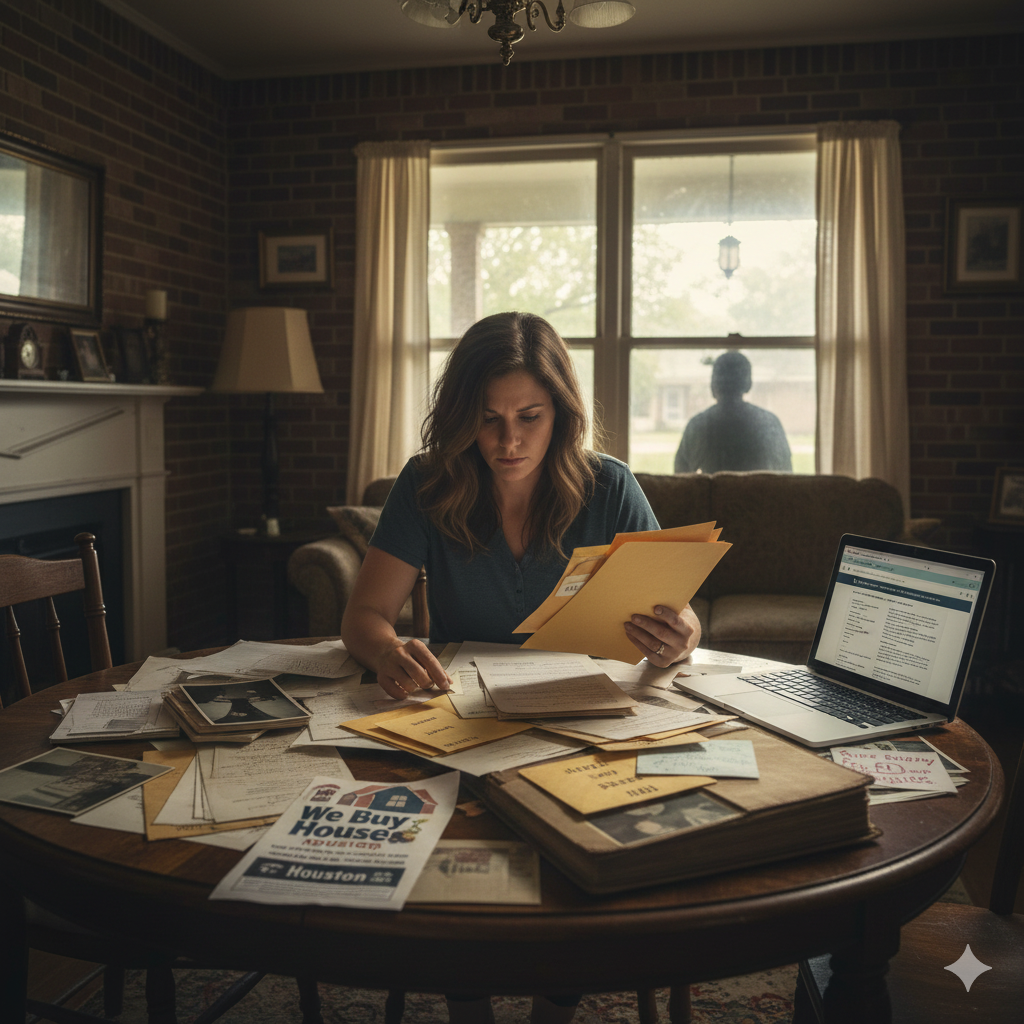 A stressed Houston heir reviews a lease agreement on a porch while an uncooperative tenant stands in the background doorway.