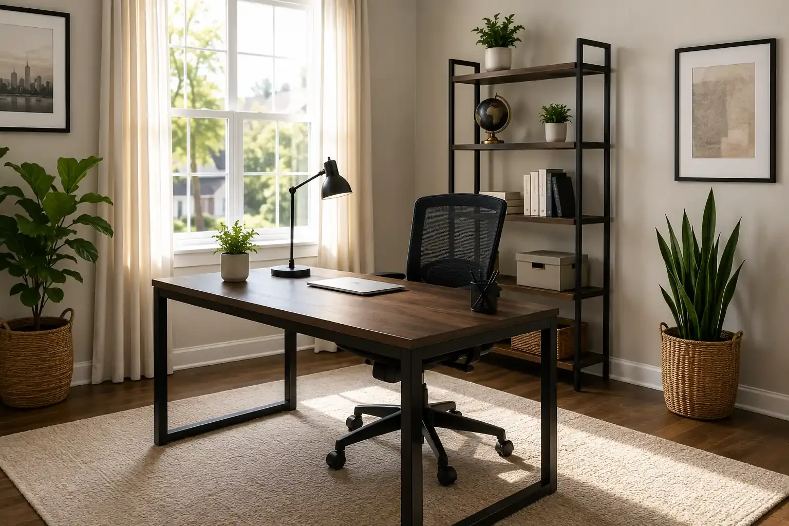 Bright, staged home office with a modern desk, ergonomic chair, shelving, and natural light, prepared for a Houston home sale.