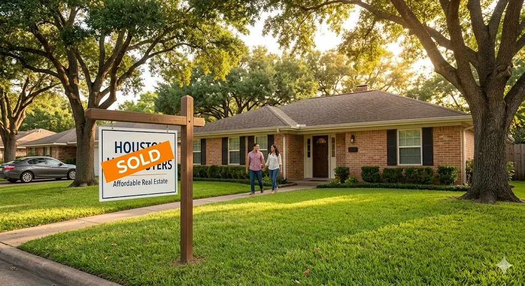 A happy couple walks toward their new affordable brick ranch-style home in Houston, Texas, featuring a bold orange sold sign.
