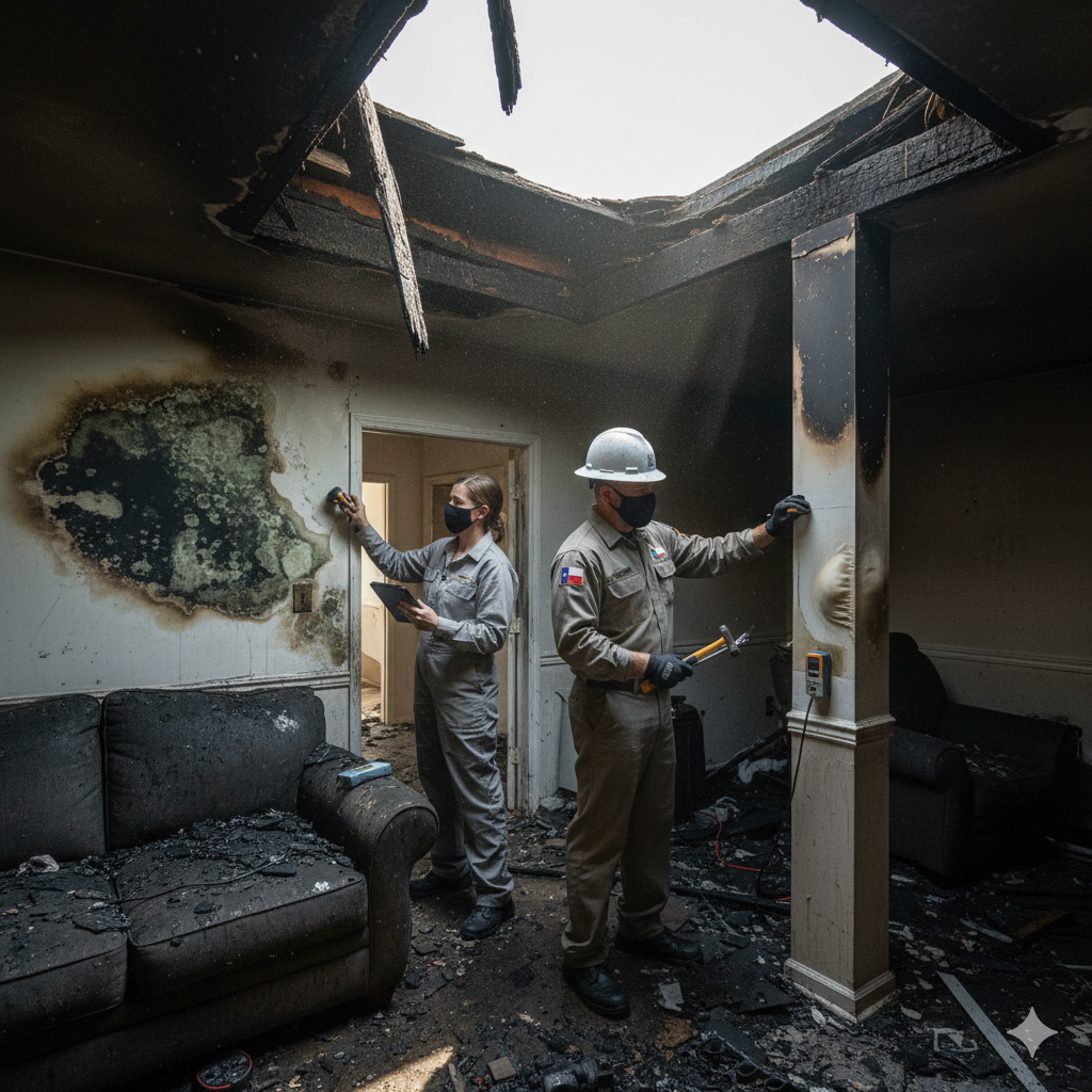 Two professional inspectors in safety gear assessing structural fire damage and soot accumulation inside a Houston home with a collapsed ceiling.