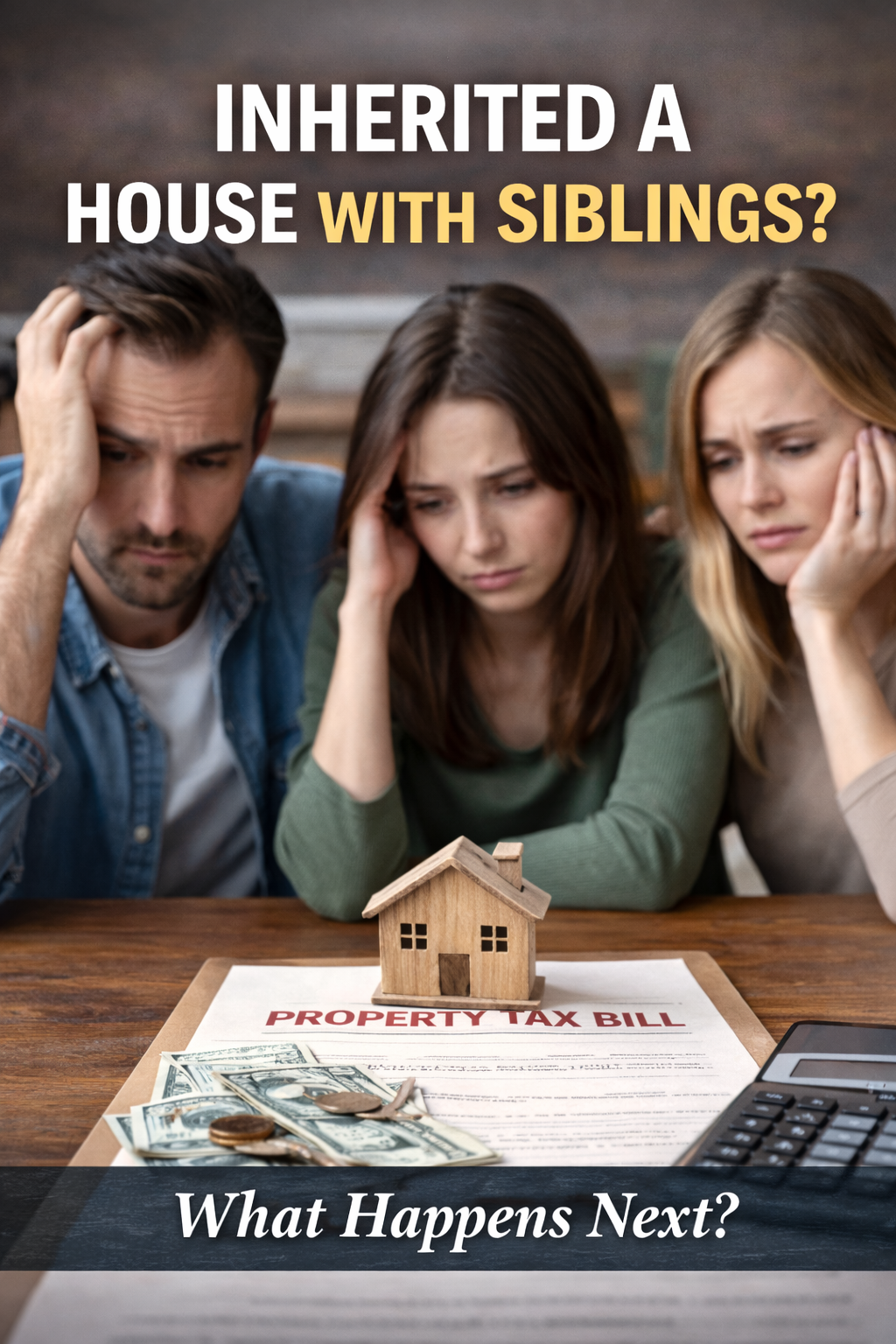 Three siblings looking concerned at a house model and paperwork, representing heirs deciding what to do with an inherited home