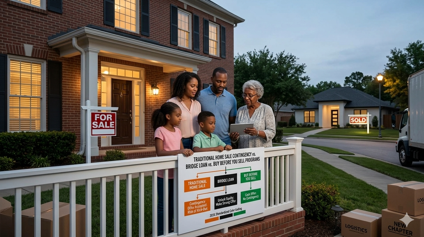A diverse Houston family on their front porch reviews a flowchart comparing a home sale contingency, bridge loan, and buy before you sell programs.