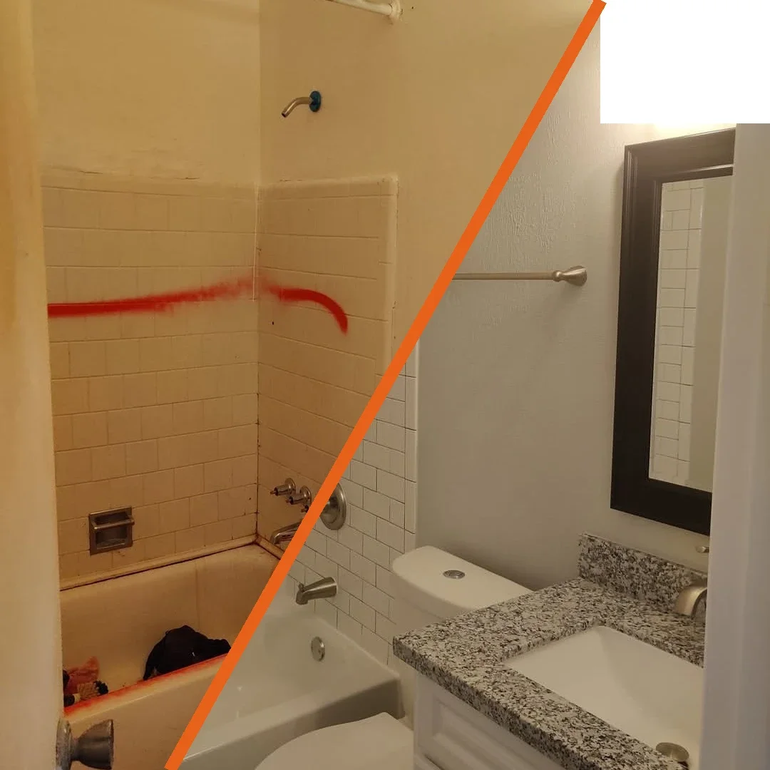 Vandalized home purchased as-is Houston TX - before and after bathroom renovation cash buyer