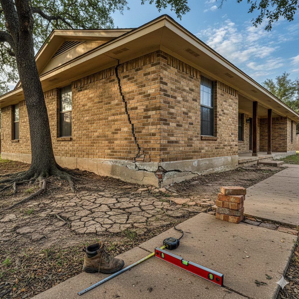 Large diagonal crack in a Texas brick home’s foundation and wall caused by expansive clay soil during a drought settlement.