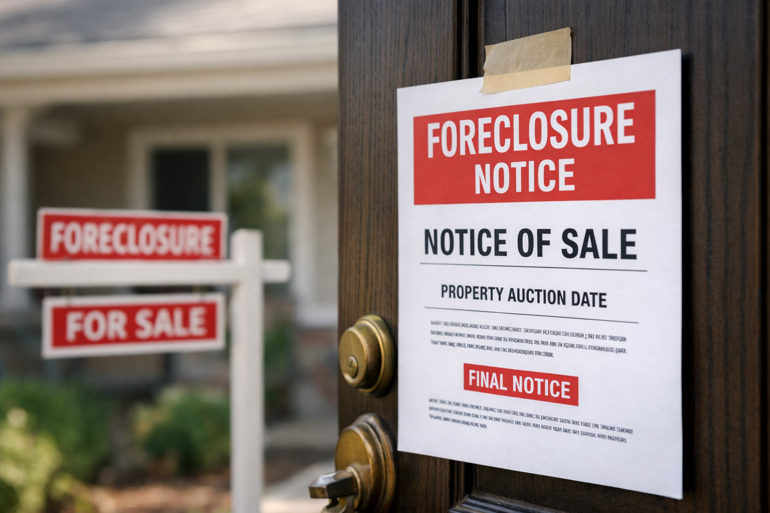 Foreclosure notice taped to the front door of a residential home with a foreclosure sign visible in the yard