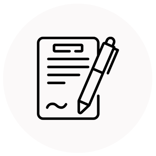 Icon of a document with lines of text and a pen signifying writing or signing a document.