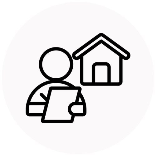 Line drawing of a person holding a clipboard with a house in the background.