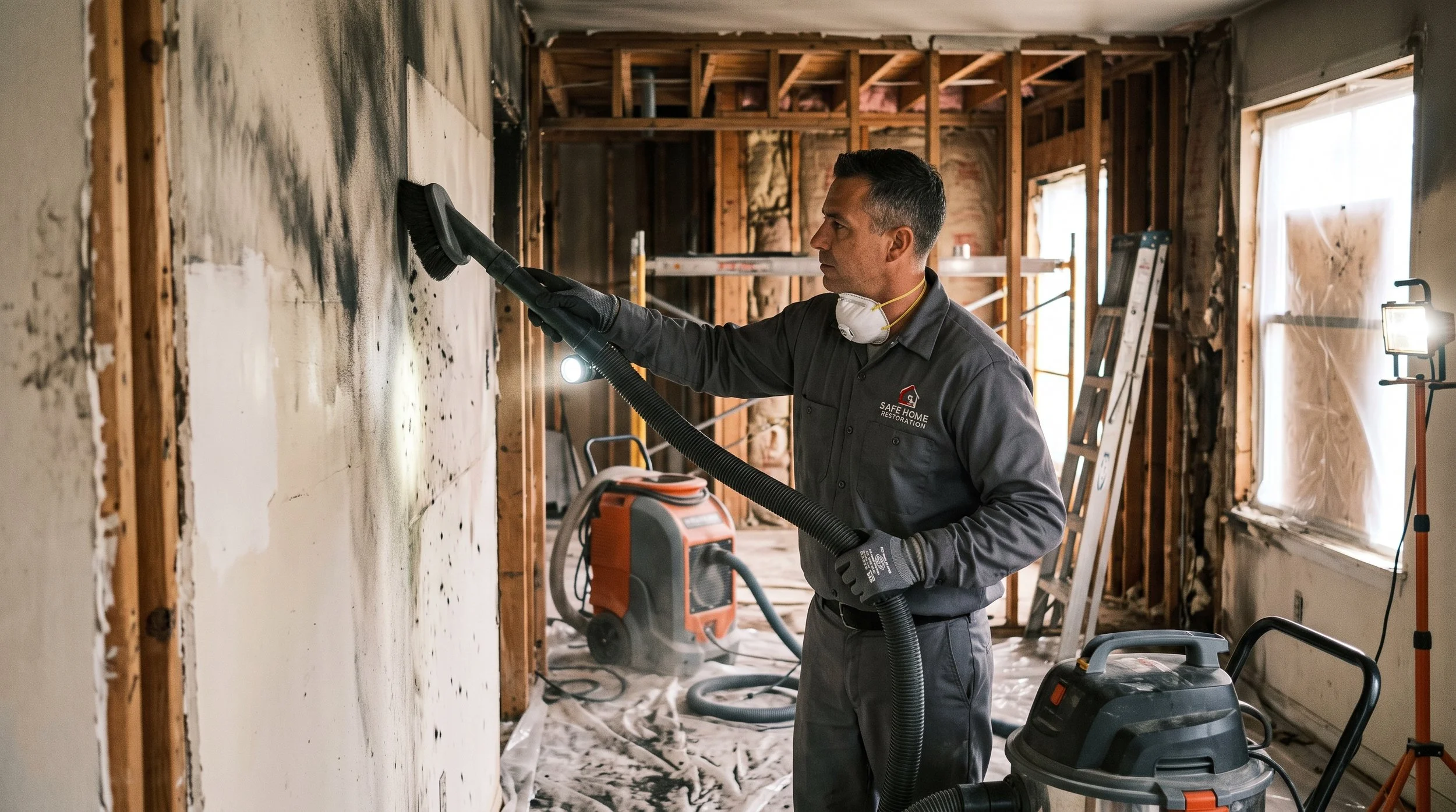 A restoration technician using specialized equipment to clean soot and smoke damage off home drywall framing.