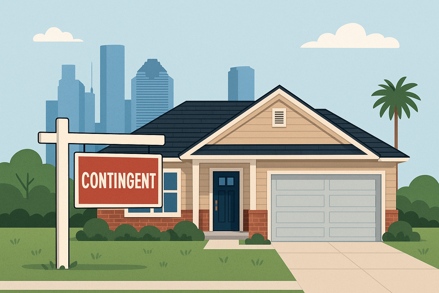 Illustration of a Houston home with a red “Contingent” sign in front, showing a house under contract with the Houston skyline visible in the background.
