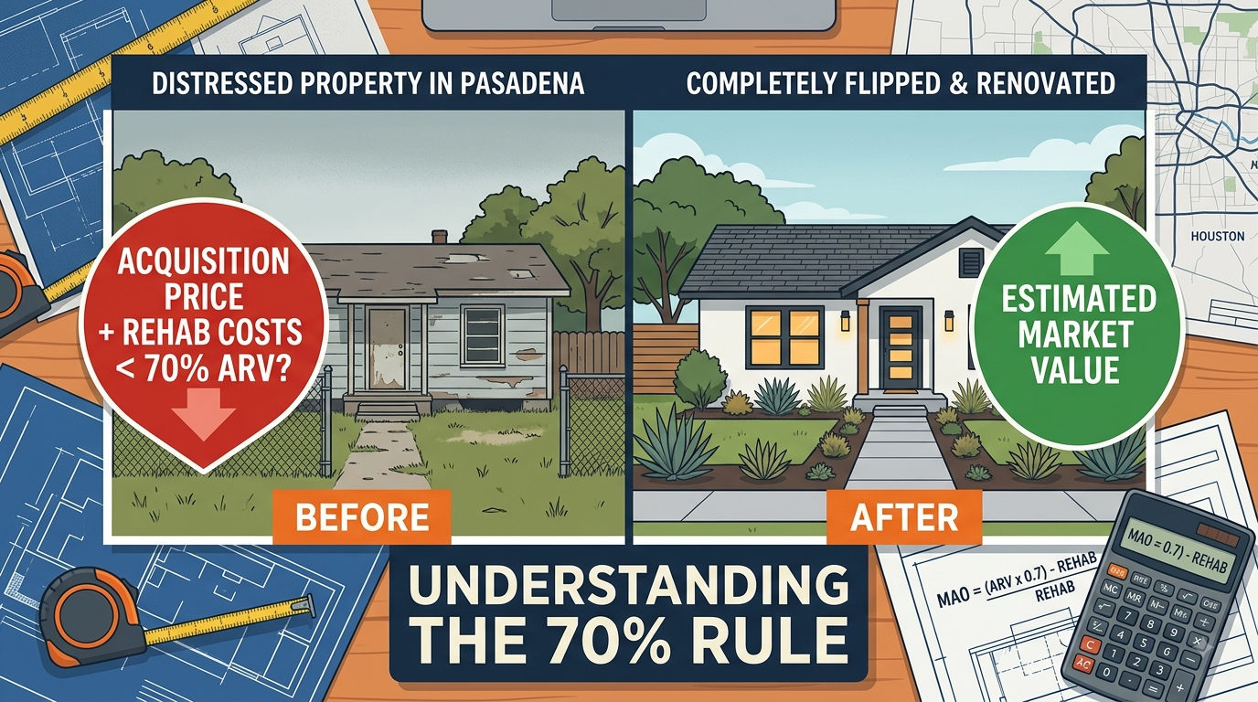 A stylized infographic comparing a distressed 'before' house to a renovated 'after' home, explaining the 70% rule calculation for Houston flipping.