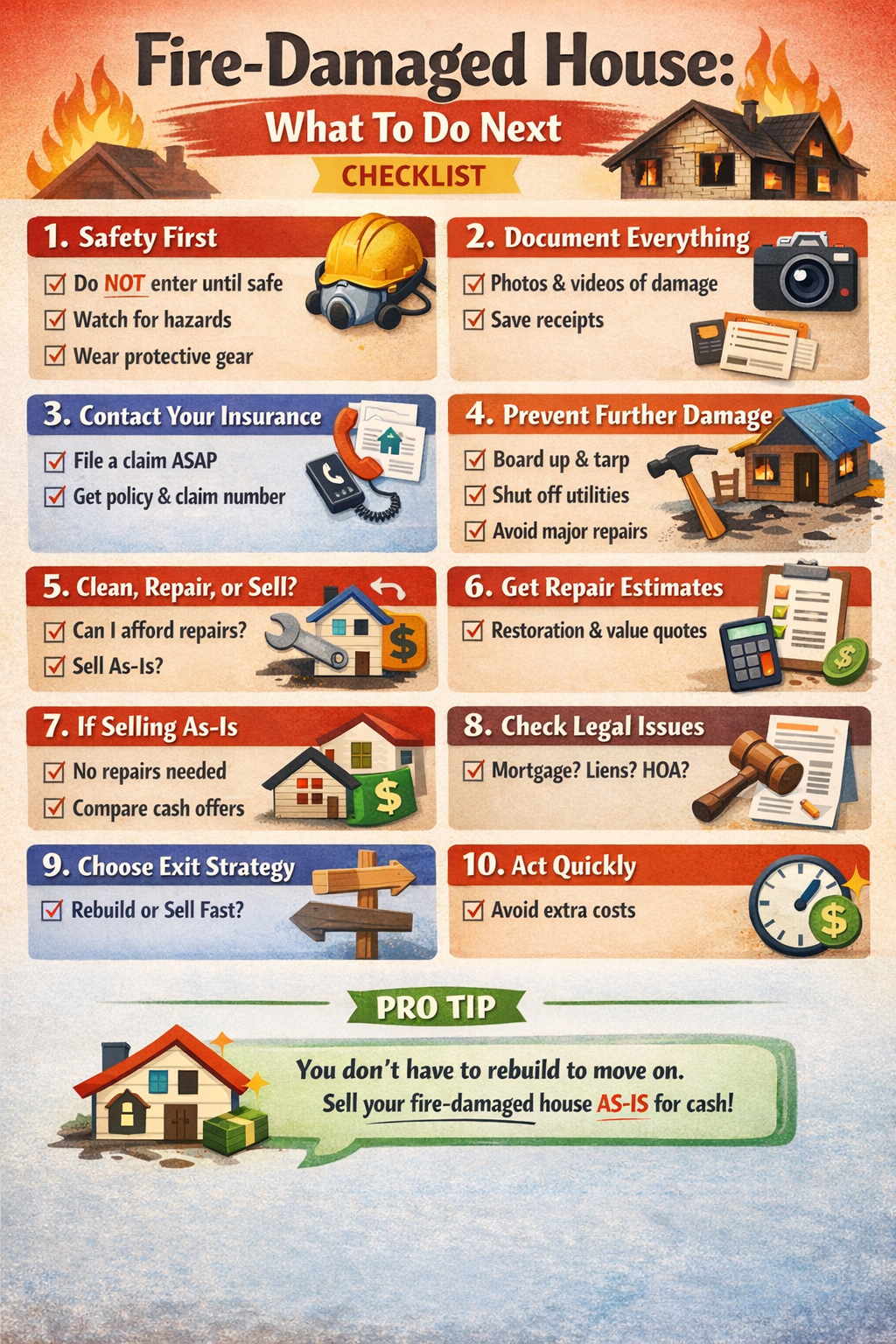 Infographic checklist showing step-by-step actions homeowners should take after a house fire, including safety steps, insurance claims, repair options, and selling a fire-damaged house as-is.