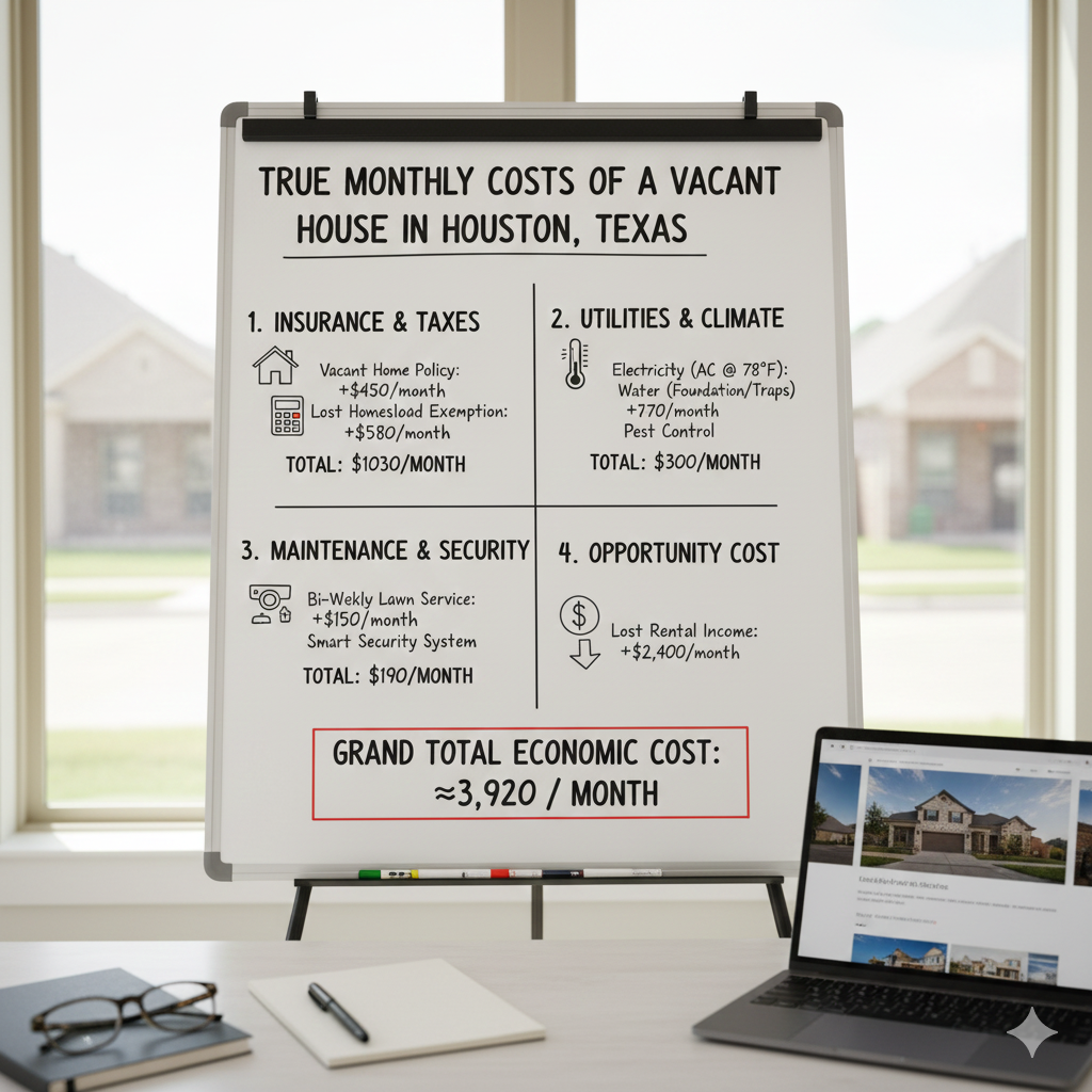 A calculator and a stack of bills sit on a wooden table next to a set of house keys, symbolizing the costs of a vacant home.