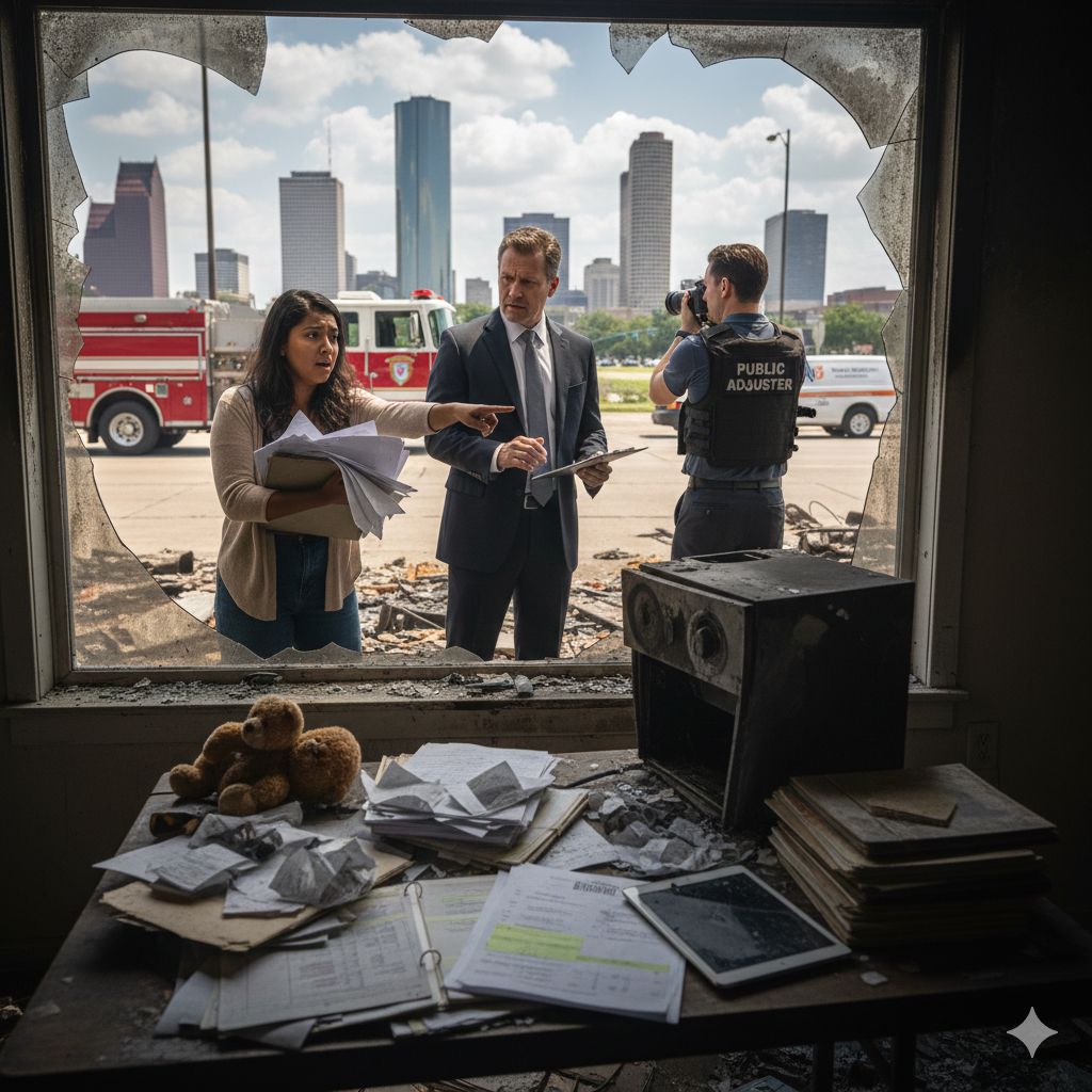 A Houston homeowner discusses a fire claim with an adjuster and public adjuster amid charred remains and skyline views.