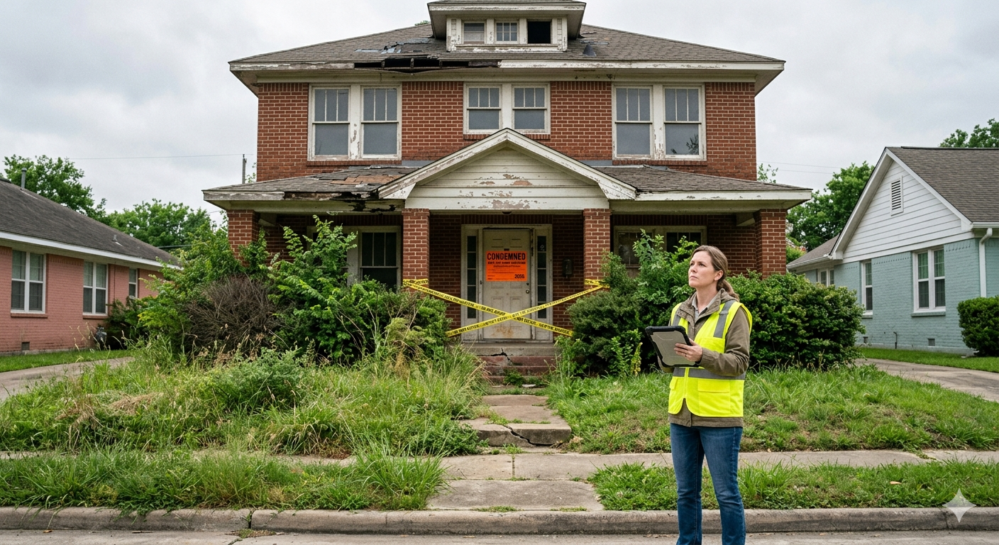 City inspector documents a neglected red-brick Houston home with a 'Condemned' notice and yellow caution tape on the porch.