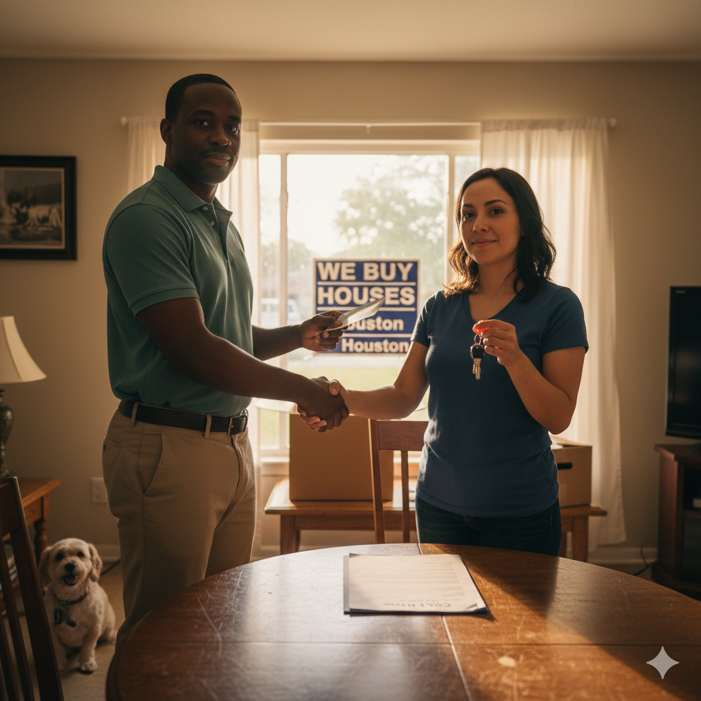 A Houston landlord and tenant shake hands while exchanging keys for a check, representing a successful cash-for-keys deal.