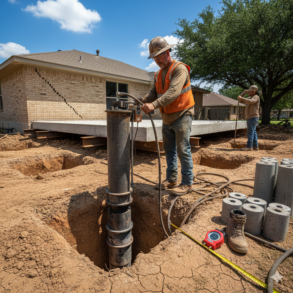 A leveling tool and tape measure near a Texas brick home with a large foundation crack caused by dry, shifting clay soil.
