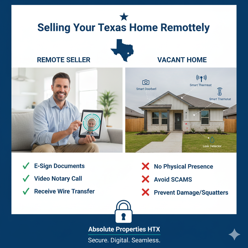 A digital interface showing a remote online notarization session for a Texas property sale, highlighting a secure closing