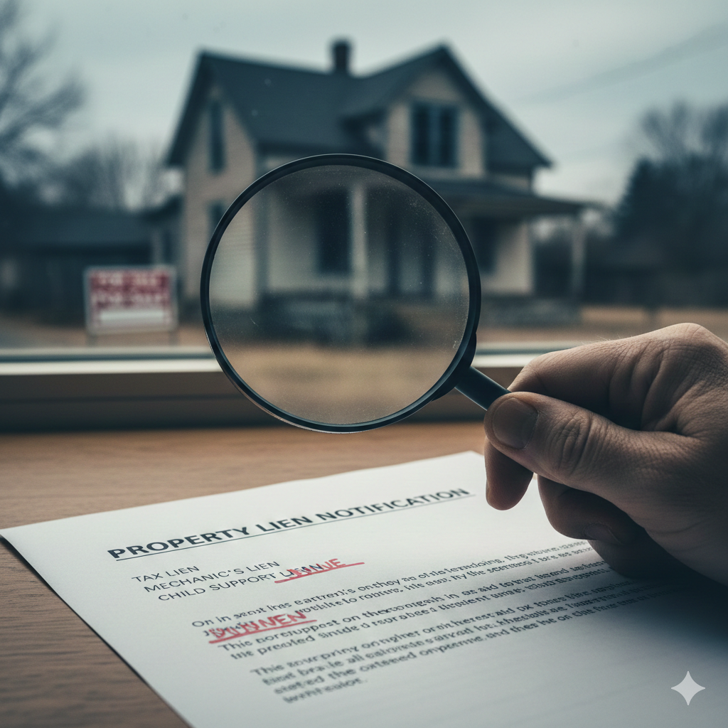 A hand holding a magnifying glass over a property lien notification document with a blurred suburban house in the background.