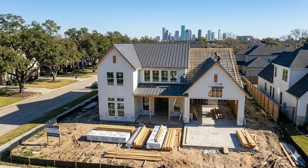 A modern farmhouse under construction in Houston with a metal roof and lumber piles, featuring the city skyline behind it.
