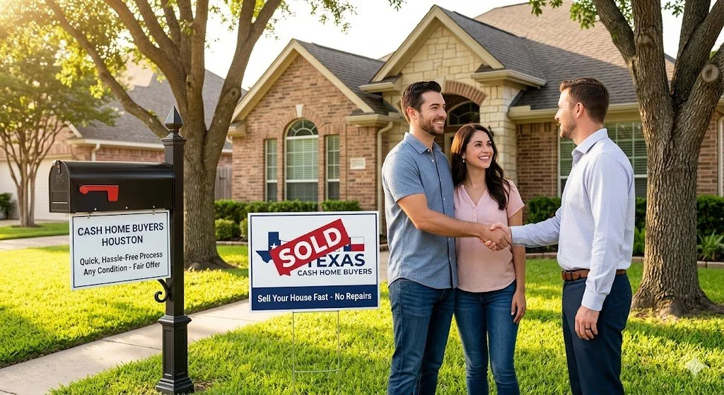 A happy Texas couple shakes hands with a cash home buyer in front of their suburban house with a red sold sign.