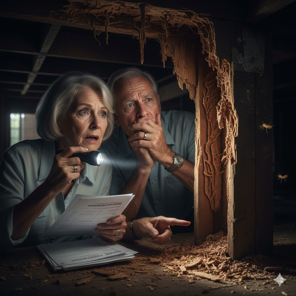 A concerned couple inspecting structural wood damage and mud tubes from termites in a Houston home crawlspace.
