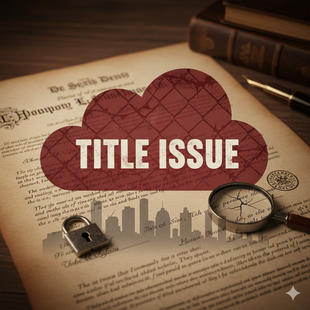 A magnifying glass over a legal deed with a cloud overlay and Houston skyline, symbolizing a cloudy property title.
