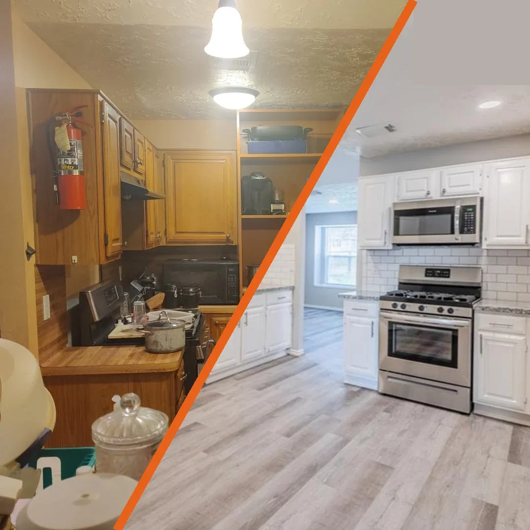 Distressed home purchase before and after kitchen renovation Houston TX no repairs needed