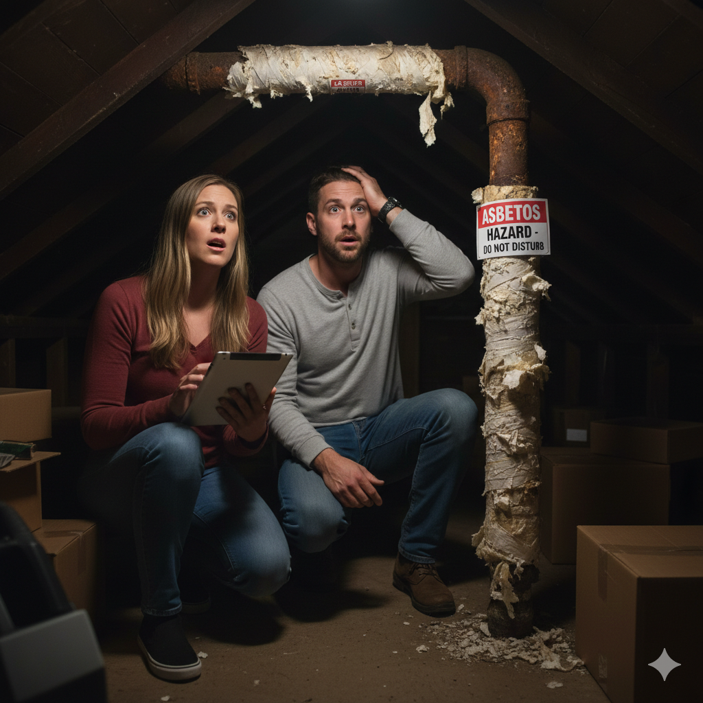 Concerned homeowners looking at asbestos-wrapped insulation on a pipe in an attic during a Houston home inspection.