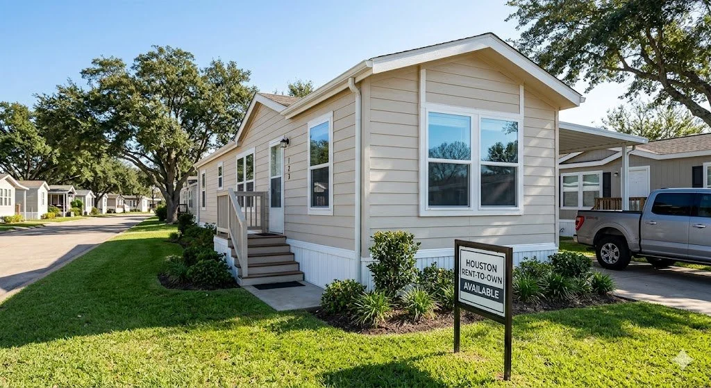 A modern beige manufactured home in a Houston park with a "Rent-To-Own Available" sign on the green lawn.