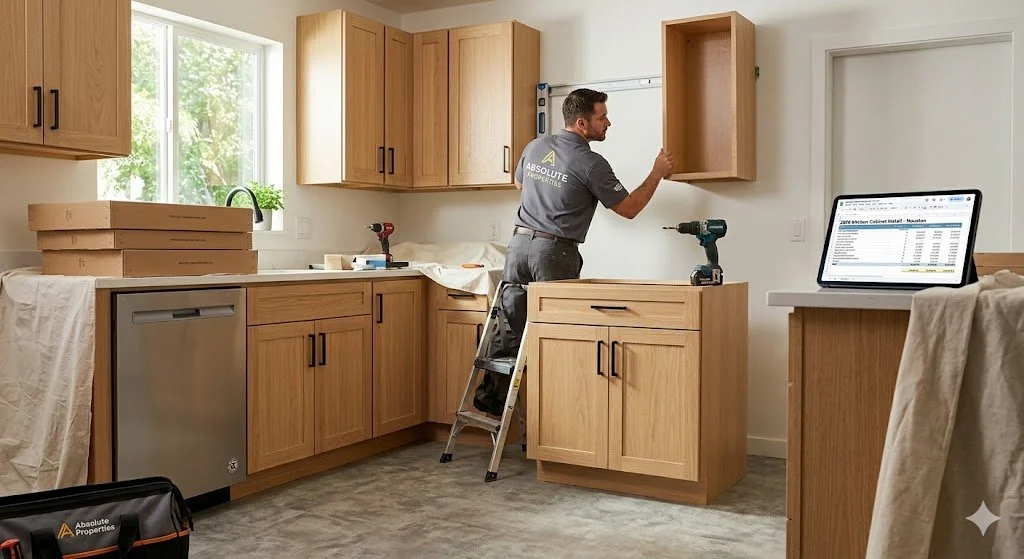 Professional contractor installing modern wood kitchen cabinets in a Houston home to increase property resale value.