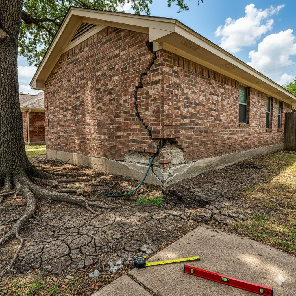 Exterior view of a Texas home showing severe foundation cracks in the brick siding and concrete base due to soil settlement.
