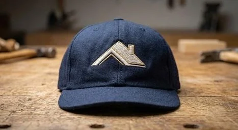 Dark navy blue baseball hat featuring an embroidered gold house roof logo, sitting on a rustic wooden workshop table.