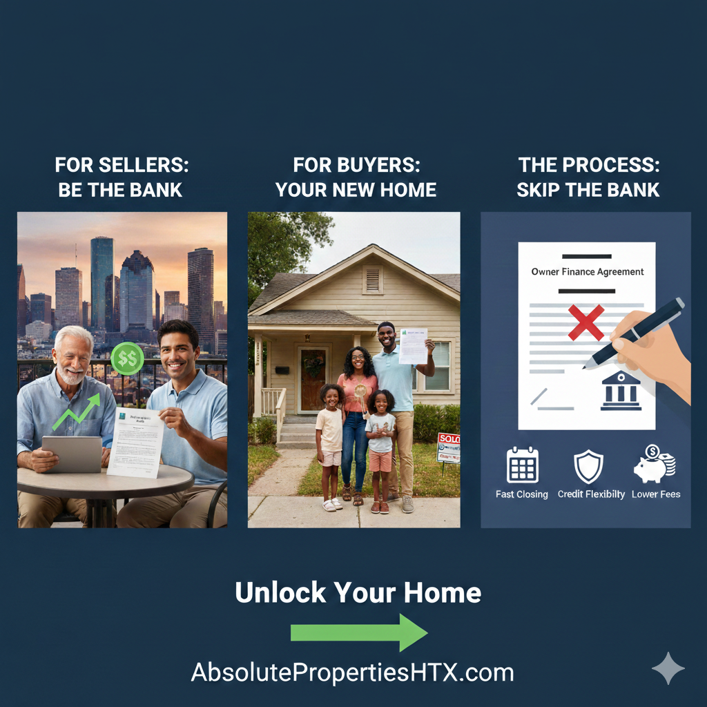 Infographic for Houston owner financing in 2026, showing benefits for sellers, buyers, and the skip-the-bank process.
