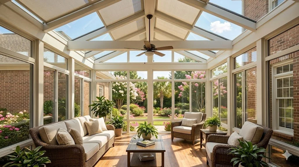 A sunlit custom four-season sunroom featuring large thermal glass windows, elegant wicker furniture, and a central ceiling fan.