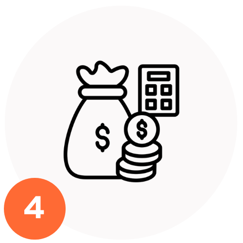 Line drawing of a money bag with a dollar sign, a stack of coins with a dollar sign, and a calculator, all enclosed in a circle.