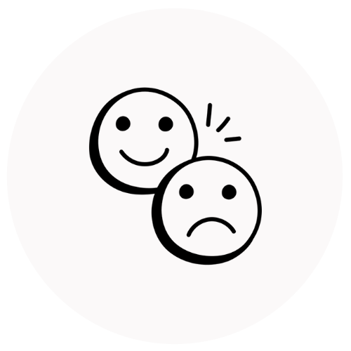 A graphic icon featuring a smiling face and a sad face with a zigzag line above the sad face, representing mixed emotions.