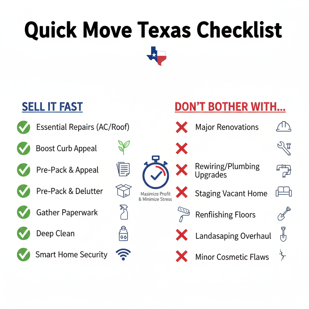 A checklist and packing boxes in a clean Texas home, representing the preparation steps for a fast job-related relocation.