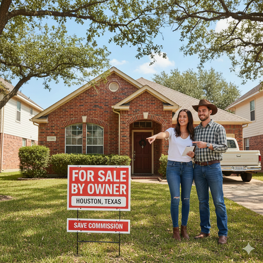 A Houston couple stands by a red For Sale By Owner sign in front of a brick Texas home, ready to save on sales commissions.