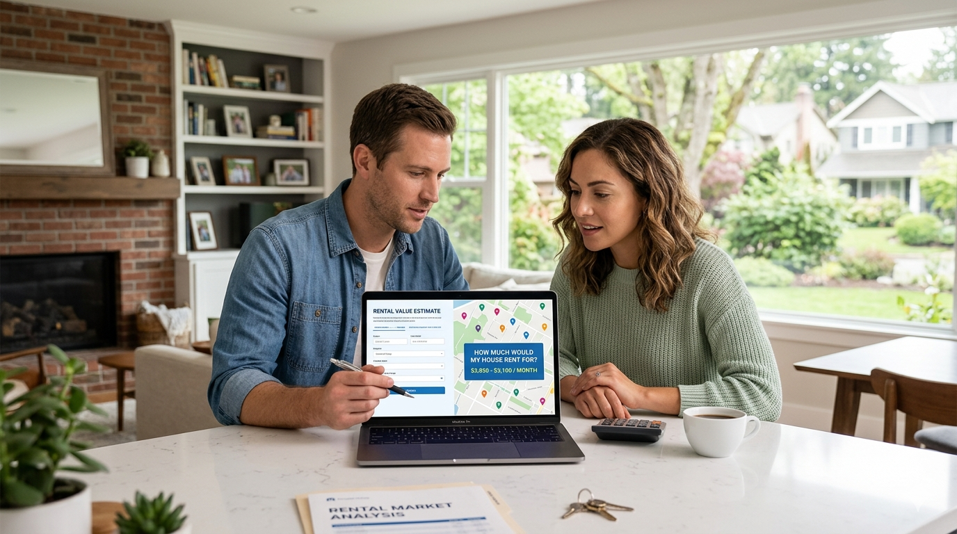 Couple looking at a laptop showing a rental value estimate and local map to determine their home's monthly market rent.