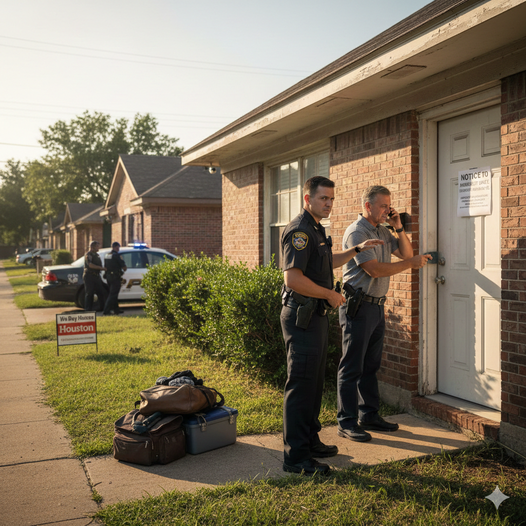 Houston police officer stands by as a homeowner changes locks after serving a legal notice to vacate to a squatter in Texas.