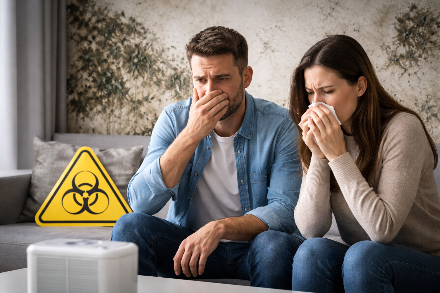 Worried couple sitting in a living room with visible mold on the wall, showing concern while covering their noses