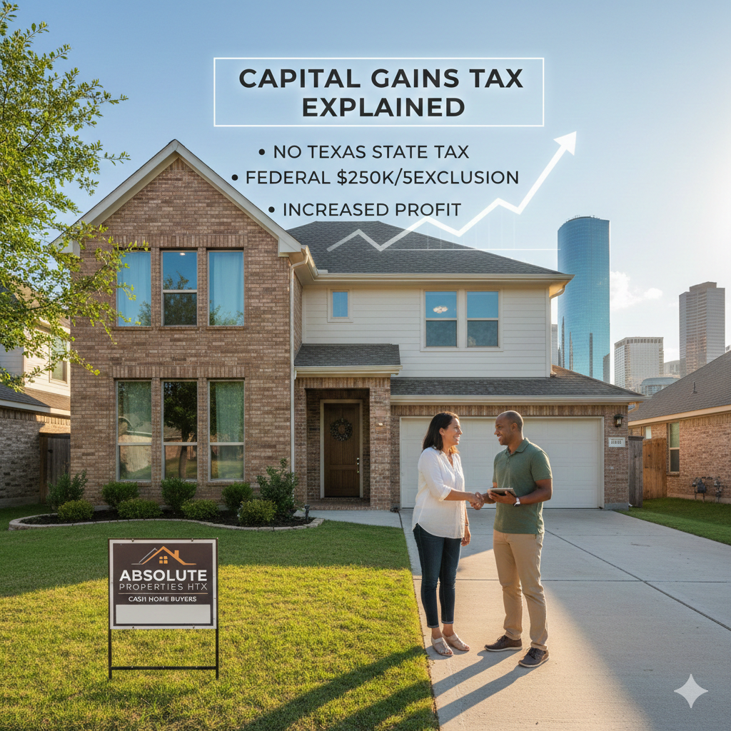 A Houston home seller shaking hands with a buyer. Overlay text explains Texas capital gains tax and federal exclusions.