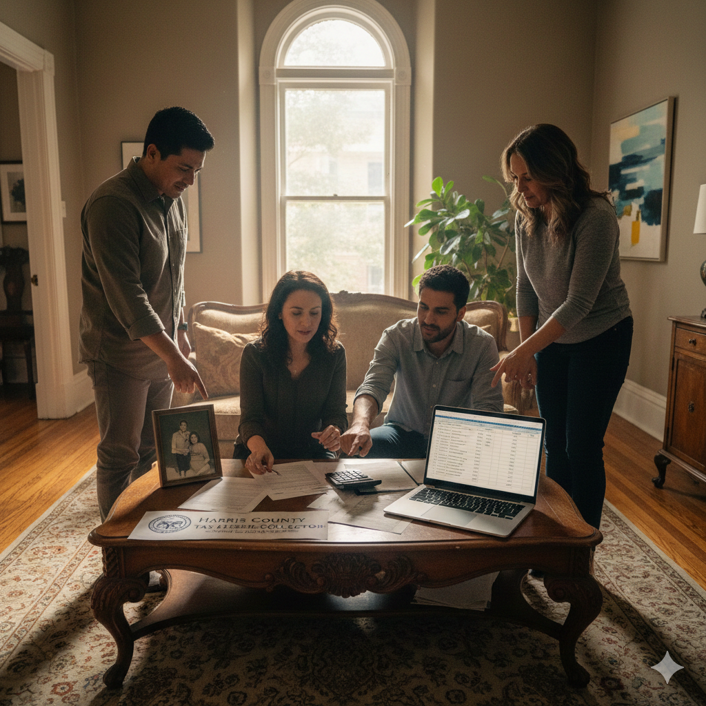 Family in a living room reviewing probate documents and a laptop to calculate the stepped-up basis for an inherited house.