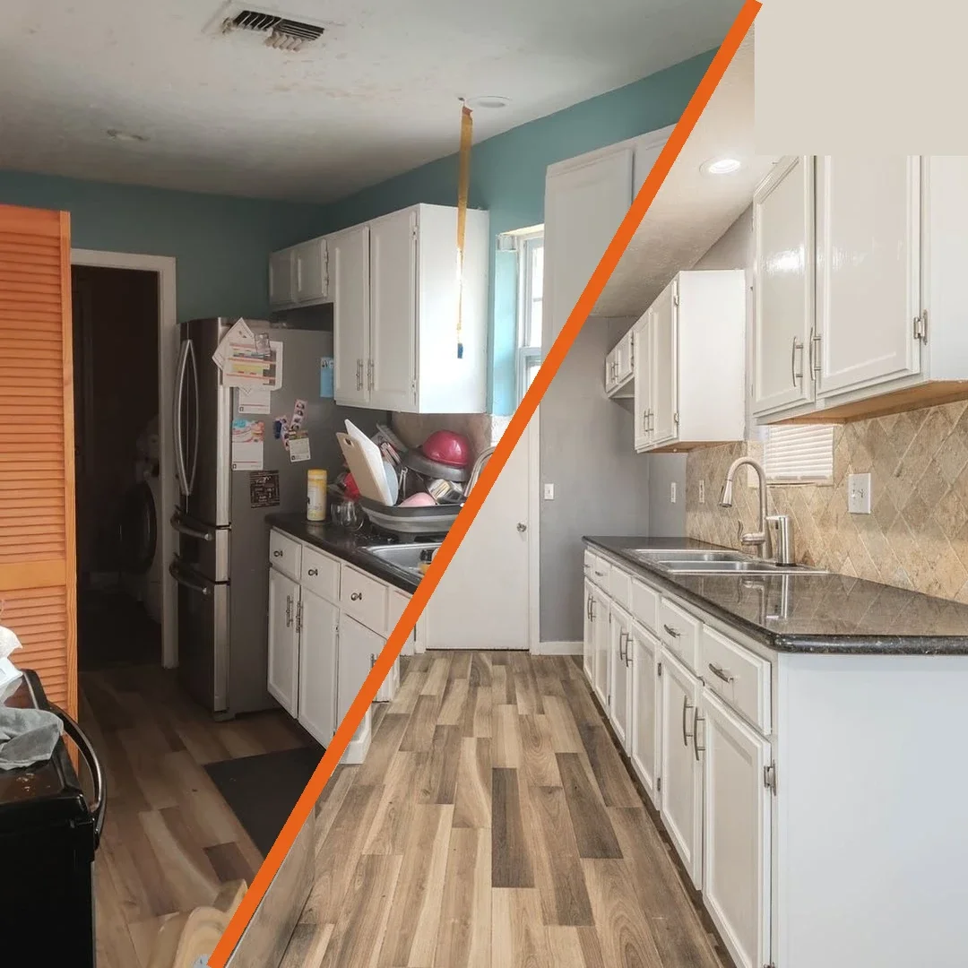 As-is home purchase before and after kitchen transformation Houston Texas cash buyer