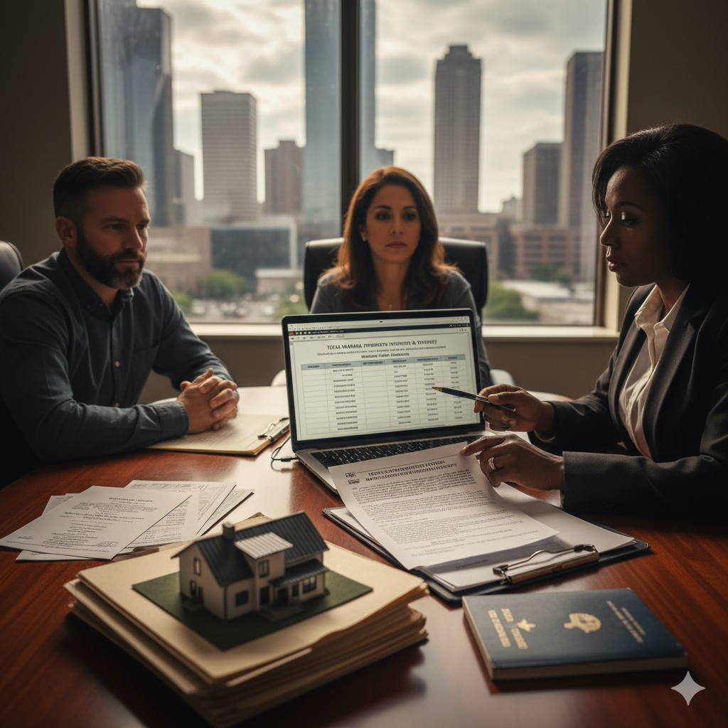 A family and legal experts reviewing property documents, a calculator, and a laptop to divide assets in a Houston home.