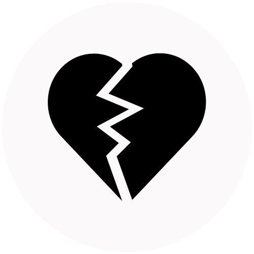 Black heart with a lightning bolt-shaped crack, on a white circular background.