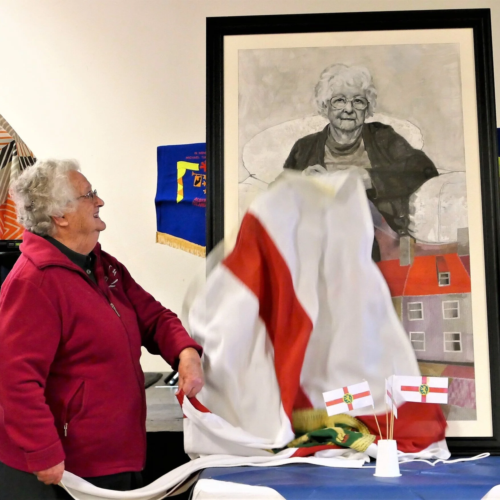 15 December 2020 Homecoming Day 75th Commemorations, Alderney / Unveiling of Beda Thompson’s portrait “In Living Memory - Homecomer Story”Guernsey Press article©photo by David Nash