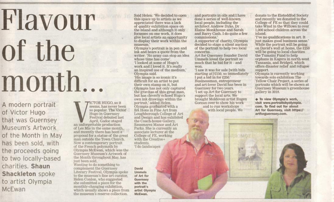 15 May 2017 / David Ummels of Art for Guernsey buys “Victor Hugo” portrait for their private collection as well as adding to the charity’s Art in Schools initiative.