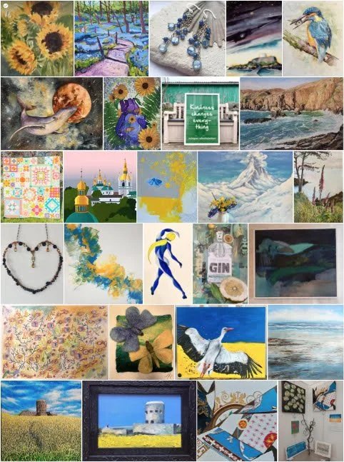 A selection of the many artworks donated to raise money for the medical aid charity SAMU, who were immediately on the ground, working with the Ukrainian refugees.